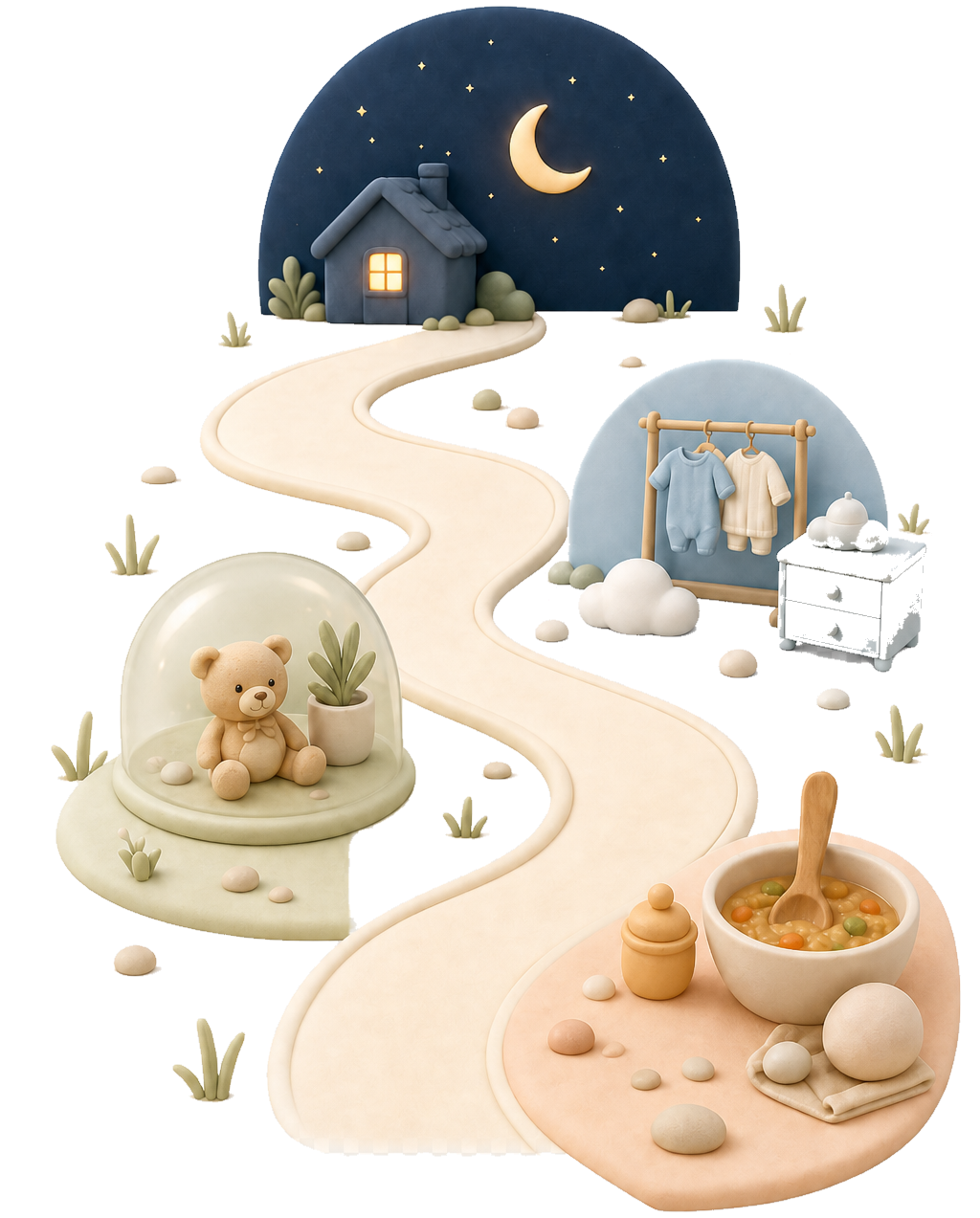A winding path from a starry night sky through cozy scenes of baby clothes, a teddy bear and a bowl of baby food